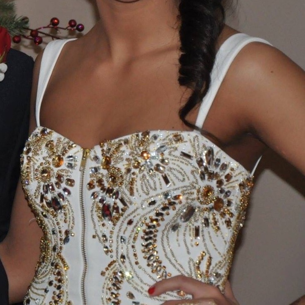 Sherri Hill Off White Dress Gold Detail, Size 2. - Picture 4 of 7